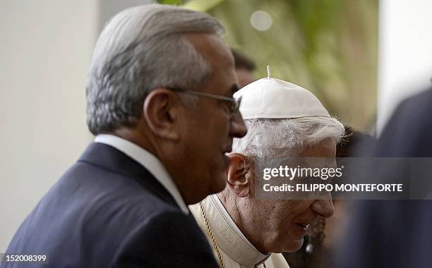 Lebanese President Michel Sleiman welcomes Pope Benedict XVI upon his arrival at the presidential palace of Baabda, in the hills east of Beirut, on...