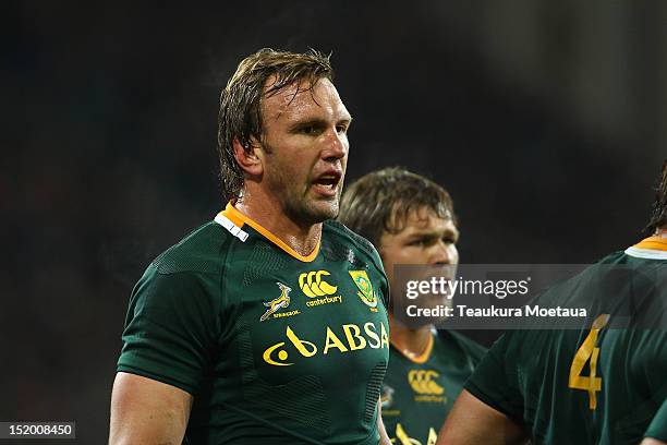 Andries Bekker of South Africa looks on during the Rugby Championship match between the New Zealand All Blacks and South Africa at Forsyth Barr...