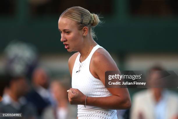 Anastasia Potapova celebrates against Kaja Juvan of Slovenia in the Women's Singles second round match during day four of The Championships Wimbledon...