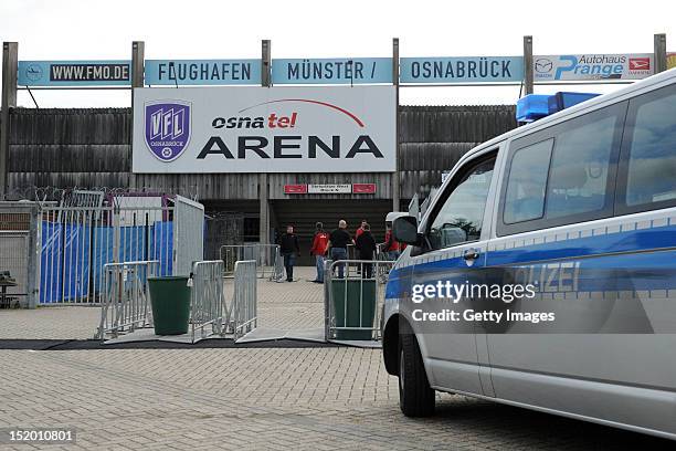 Police van is parked outside the entrance ahead of the third league match between VfL Osnabrueck and Preussen Muenster at Osnatel Arena on September...