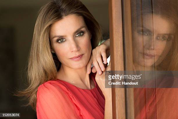 In this handout photo provided by the Royal Press Department, Princess Letizia of Spain poses at Zarzuela Palace on September 15, 2012 in Madrid,...