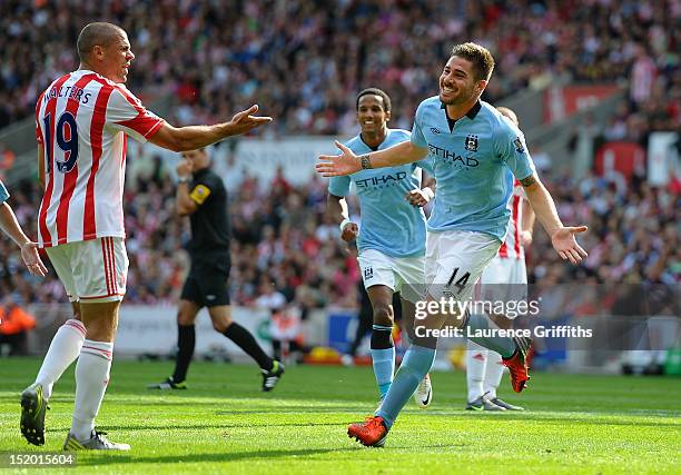 Javi Garcia of Manchester City celebrates scoring the equalising goal during the Barclays Premier League match between Stoke City and Manchester City...