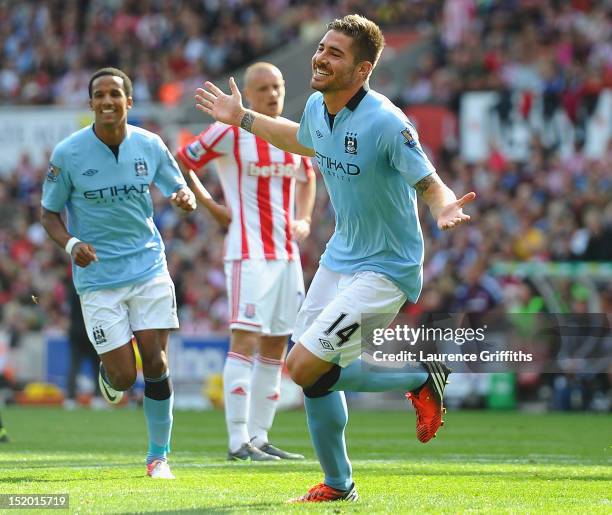 Javi Garcia of Manchester City celebrates scoring the equalising goal during the Barclays Premier League match between Stoke City and Manchester City...