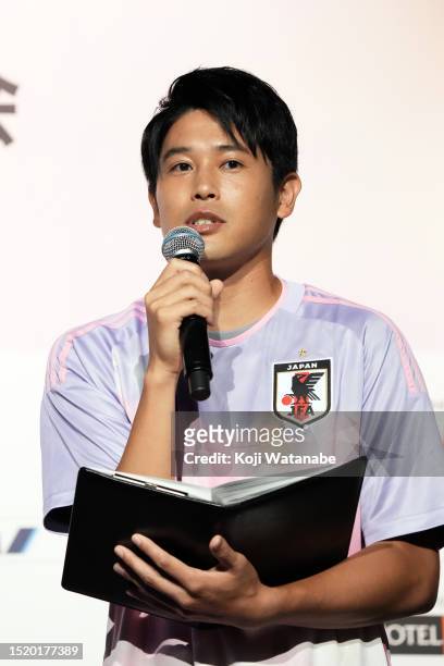 Atsuto Uchida spekes on during the send-off ceremony ahead of FIFA Women's World Cup on July 06, 2023 in Tokyo, Japan.