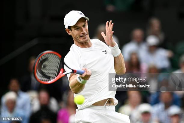 Andy Murray of Great Britain plays a forehand against Stefanos Tsitsipas of Greece in the Men's Singles second round match during day four of The...
