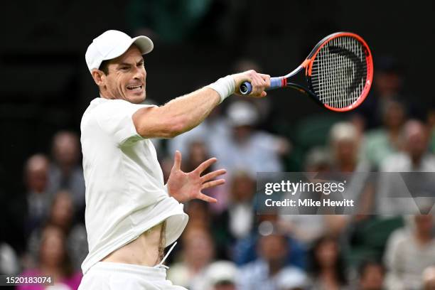 Andy Murray of Great Britain plays a forehand against Stefanos Tsitsipas of Greece in the Men's Singles second round match during day four of The...