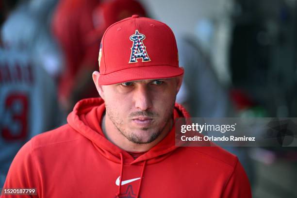 Mike Trout of the Los Angeles Angels looks on before the game against the San Diego Padres at PETCO Park on July 04, 2023 in San Diego, California.