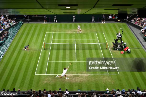 General view of Centre Court during the second round match between Andy Murray of Great Britain and Stefanos Tsitsipas of Greece on day four of The...