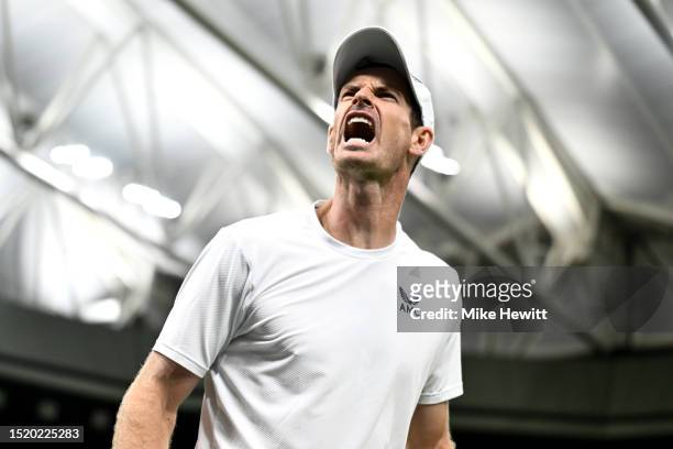 Andy Murray of Great Britain celebrates against Stefanos Tsitsipas of Greece in the Men's Singles second round match during day four of The...