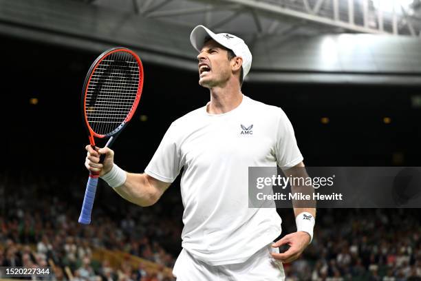 Andy Murray of Great Britain celebrates against Stefanos Tsitsipas of Greece in the Men's Singles second round match during day four of The...