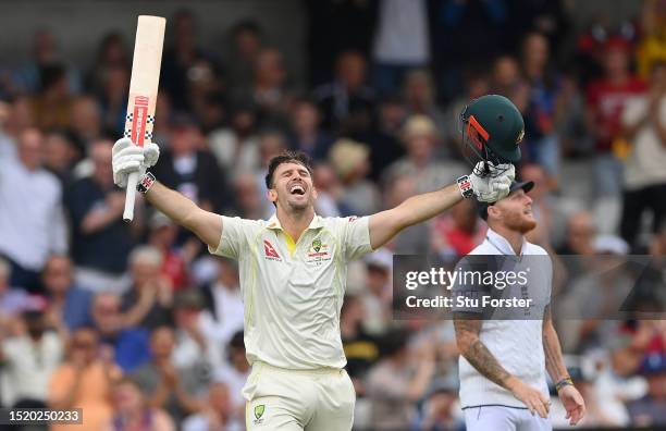 Australia batter Mitchell Marsh celebrates his century during day one of the LV= Insurance Ashes 3rd Test Match between England and Australia at...