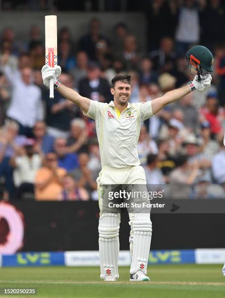 Australia batter Mitchell Marsh celebrates his century during day one of the LV= Insurance Ashes 3rd Test Match between England and Australia at...