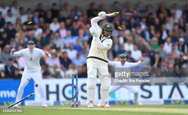 Australia batsman Usman Khawaja is bowled by Mark Wood during day one of the LV= Insurance Ashes 3rd Test Match between England and Australia at...