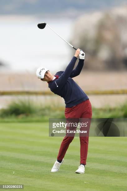 Azahara Munoz of Spain plays her shot from the 18th tee during the first round of the 78th U.S. Women's Open at Pebble Beach Golf Links on July 06,...