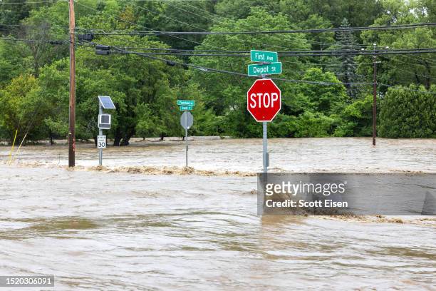 Flooded road is seen on July 10, 2023 in Chester, Vermont. Torrential rain and flooding has affected millions of people from Vermont south to North...