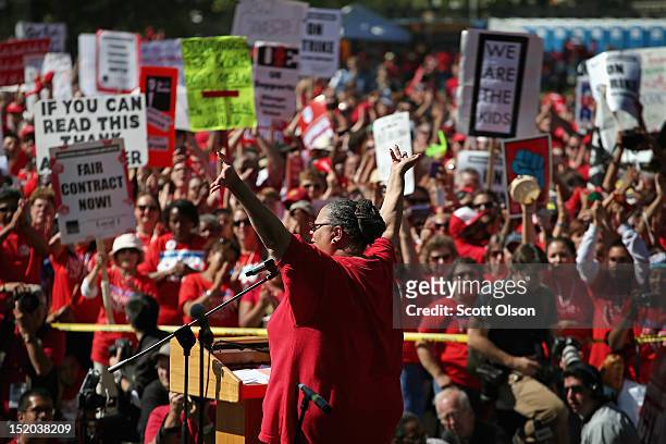 Chicago Teachers Union President Karen Lewis speaks to supporters during a rally at Union Park September 15, 2012 in Chicago, Illinois. An estimated...