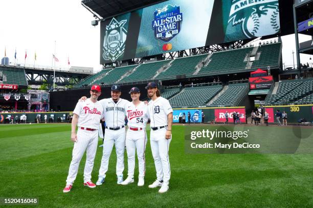 Pitching coach Caleb Cotham of the Philadelphia Phillies, Luis Castillo of the Seattle Mariners, Sonny Gray of the Minnesota Twins and Michael...