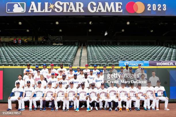 Players and coaches of the American League pose for a team photo before the Gatorade All-Star Workout Day at T-Mobile Park on Monday, July 10, 2023...