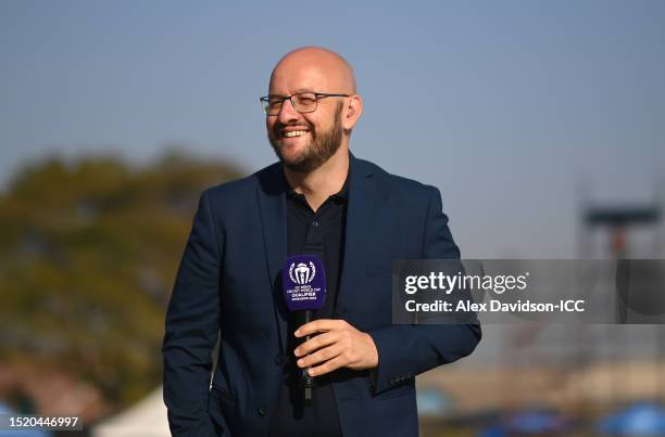 Commentator , Andrew Leonard during the ICC Men's Cricket World Cup Qualifier 7th Place Playoff Semi-final between Ireland and USA at Takashinga...