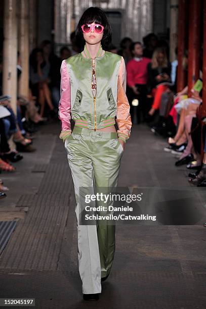 Model walks the runway at the Moschino Cheap & Chic Spring Summer 2013 fashion show during London Fashion Week on September 15, 2012 in London,...