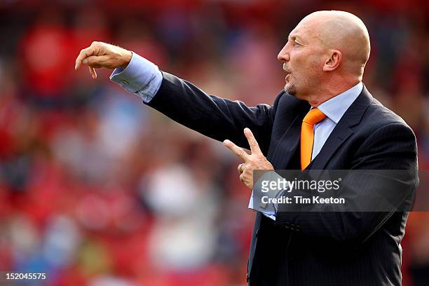 Blackpool's Manager, Ian Holloway during the npower Championship match between Barnsley and Blackpool at Oakwell Stadium on September 15, 2012 in...