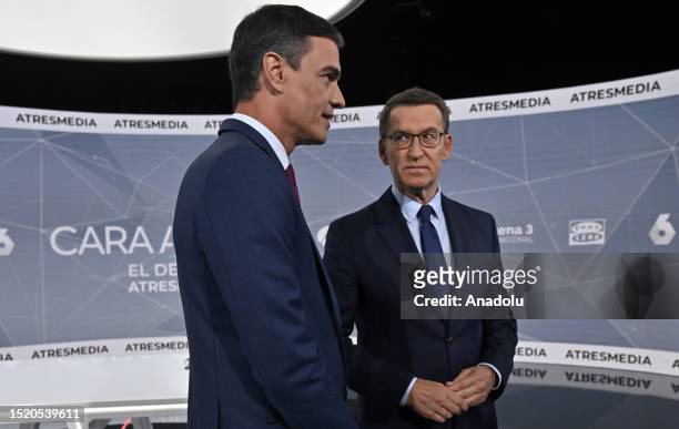 Spanish Prime Minister and Socialist Workers' Party Leader Pedro Sanchez and his rival People's Party Leader Alberto Nunez Feijoo participate in a...
