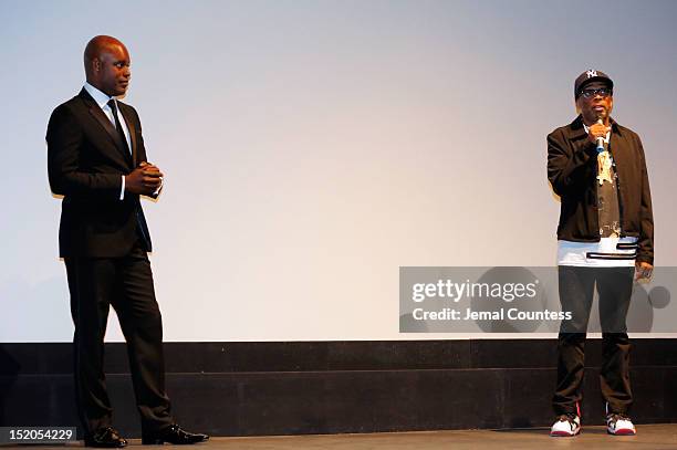 Artistic Director Cameron Bailey and director Spike Lee speak at the "Bad 25" Premiere during the 2012 Toronto International Film Festival held at...