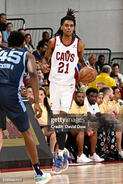 Emoni Bates of the Cleveland Cavaliers dribbles the ball during the game against the Memphis Grizzlies during the 2023 NBA Las Vegas Summer League on...