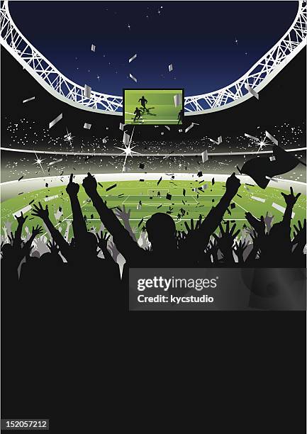 cheering crowd in soccer stadium at night - stadium night stock illustrations