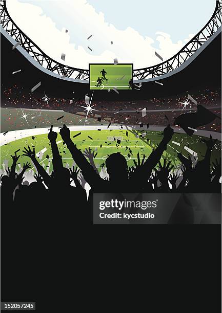 jubeln der zuschauer im fußballstadion - soccer scoreboard stock-grafiken, -clipart, -cartoons und -symbole