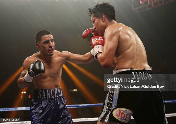 Victor Sanchez lands a left on Francisco Vargas of Mexico during their Junior Lightweight bout at the MGM Grand Garden Arena on September 15, 2012 in...