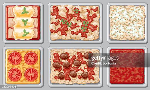 ilustraciones, imágenes clip art, dibujos animados e iconos de stock de bufé italiano (vista aérea) - spaghetti bolognese