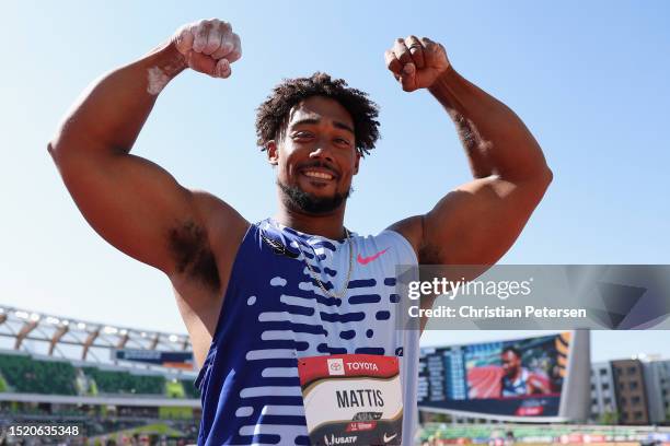 Sam Mattis reacts after winning the Men's Discus Throw Final during the 2023 USATF Outdoor Championships at Hayward Field on July 06, 2023 in Eugene,...