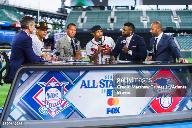 Kevin Burkhardt, Juan Soto of the San Diego Padres, Alex Rodriguez, Ronald Acuña Jr. #13 of the Atlanta Braves, David Ortiz and Derek Jeter talk on...