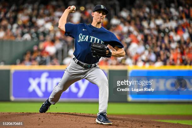 George Kirby of the Seattle Mariners pitches in the first inning against the Houston Astros at Minute Maid Park on July 06, 2023 in Houston, Texas.