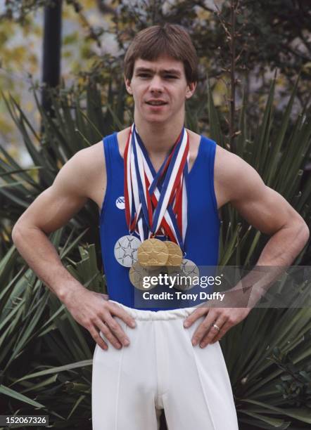 Kurt Thomas of the United States poses with his medals on 1st November 1977 during the 20th Artistic Gymnastics World Championships in Fort Worth,...