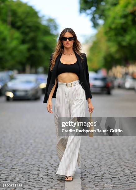 Alessandra Ambrosio is seen on July 05, 2023 in Paris, France.