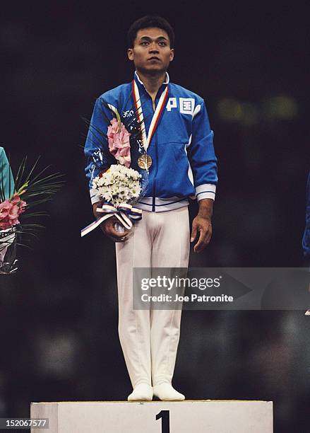 Lou Yun of China with his gold medal for winning the Men's Horse Vault on 24th September 1988 during the XXIV Summer Olympic Games at the Olympic...