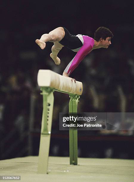 Yelena Shushunova of the Soviet Union during the Women's Balance Beam on 25th September 1988 during the XXIV Summer Olympic Games at the Olympic...