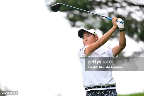 Mao Nozawa of Japan hits her tee shot on the 12th hole during the second round of MinebeaMitsumi Ladies Hokkaido Shimbun Cup at Makomanai Country...