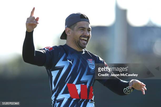 Cody Walker of the Blues reacts during a New South Wales Blues State of Origin Training Session at NSWRL Centre of Excellence on July 07, 2023 in...
