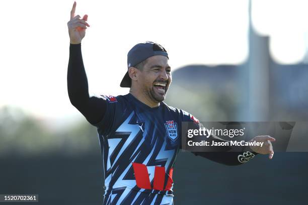 Cody Walker of the Blues reacts during a New South Wales Blues State of Origin Training Session at NSWRL Centre of Excellence on July 07, 2023 in...