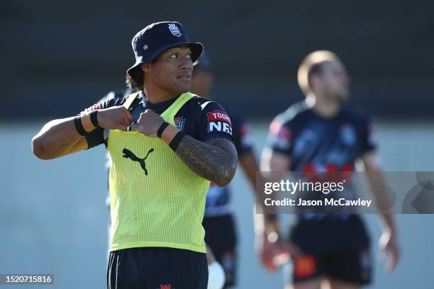 Brian To’o of the Blues looks on during a New South Wales Blues State of Origin Training Session at NSWRL Centre of Excellence on July 07, 2023 in...