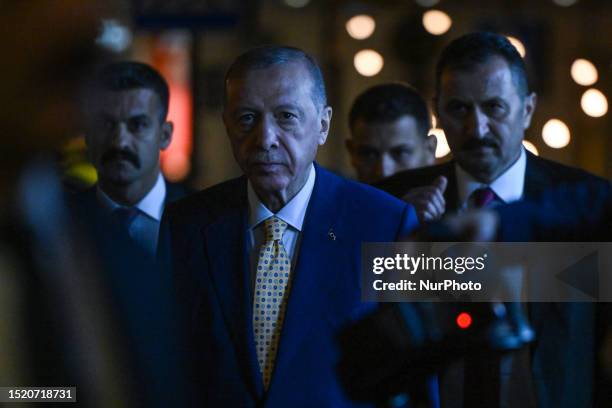 Recep Tayyip Erdogan, President of Turkiye, is seen in Vilnius city center, on the eve of the 2023 NATO Summit in Vilnius, Lithuania, on July 10,...