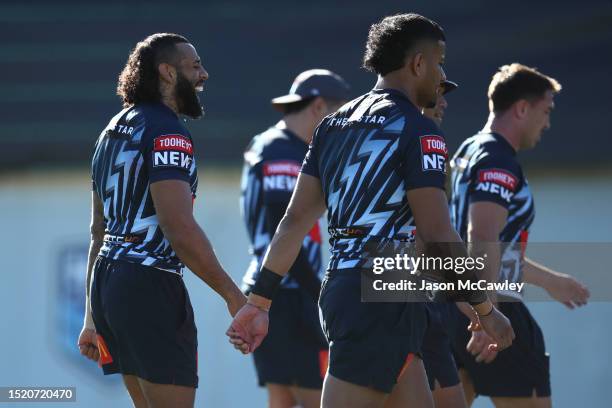 Josh Addo-Carr of the Blues laughs during a New South Wales Blues State of Origin Training Session at NSWRL Centre of Excellence on July 07, 2023 in...