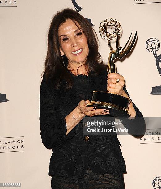 Olivia Harrison poses in the press room at the 2012 Primetime Creative Arts Emmy Awards at Nokia Theatre L.A. Live on September 15, 2012 in Los...