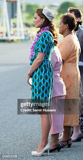 Catherine, Duchess of Cambridge arrives at Honiara International Airport on day 6 of the royal couple's Diamond Jubilee tour of the Far East on...