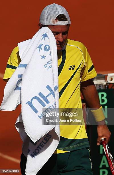 Lleyton Hewitt of Australia gestures during his match against Cedrik-Marcel Stebe of Germany during the Davis Cup World Group Play-Off match between...