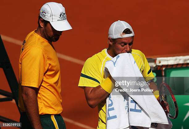 Lleyton Hewitt of Australia reacts during his match against Cedrik-Marcel Stebe of Germany during the Davis Cup World Group Play-Off match between...