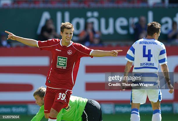 Hendrick Zuck of Kaiserslautern celebrates after scoring his teams first goal during the second Bundesliga match between 1.FC Kaiserslautern and MSV...